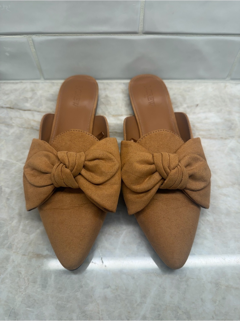 J Crew Factory Women's Tan Bow Pointed-Toe Slide Mules